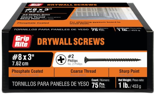 Grip-Rite 3CDWS1 #8 X 3 Phillips Bugle Head Coarse Thread Sharp Point Drywall Screw, 1lb Box