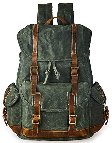 BRASS TACKS Leathercraft Zaino da Viaggio Uomo Donna in Tela Cerata Stile Vintage Impermeabile，Zaino Tela，Zaino Università Casual Lavoro(Verde Scuro)