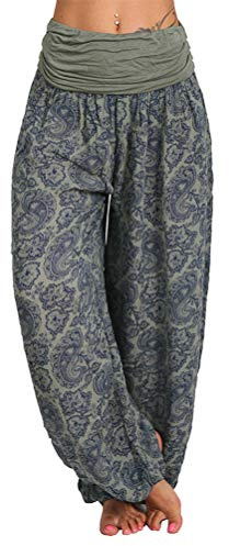 Minetom Pantalones Estilo Hippie Mujer Vendimia Estilo Nacional Pantalones Holgados Bombachos Ocasionales del Hippie Boyfriend Harem Pantalón Ejercito Verde XXL