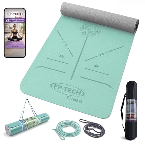 FP-TECH TAPPETINO DA YOGA IMBOTTITO ANTISCIVOLO FITNESS PILATES GINNASTICA IN TPE MAT CON SACCA 183 X 68 X 0.8 CM (Verde Acqua-Grigio)