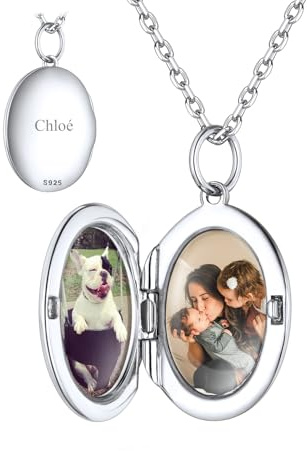 Custom4U Argento S925 Collana Locket Ovale Foto Personalizzata Donna Nome Testo Incisione 2 Foto Apribile Antiallergico 41/46/55 CM Delicato Solido Regalo Mamma Amore Creativo