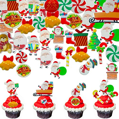Morofme Lot de 300 décorations comestibles pour gâteaux de Noël - En papier gaufrette comestible - Père Noël, sapin de Noël, bonhomme de neige - Pour fête à thème de Noël