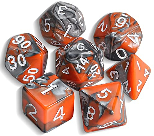 QMAY DND Dice Polyedrisches Würfel Set - 7 Stück für Dungeon und Dragons MTG RPG D&D D20, D12, D10, D%, D8, D6, D4 (Orange und Silber)