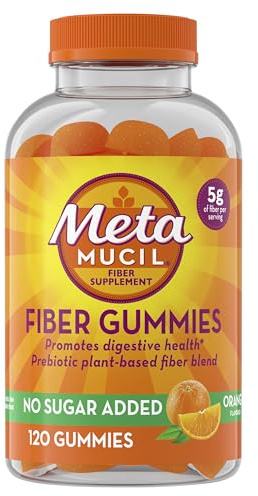 Metamucil Fiber Gummies for Adults, No Sugar Added Orange Flavor, 5g Prebiotic Plant Based Fiber Supplement Blend, 120 Count