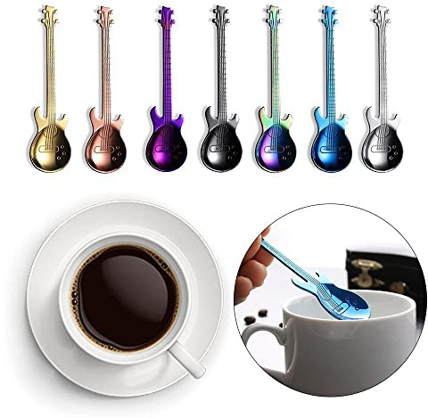 7Pcs Guitar Spoons Tea Spoon Set, Colorful Stainless Steel Tea Dinner Table Mixing Spoon Dessert Coffee Sugar Spoon for Ice- cream,Coffee and More