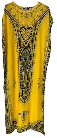 Kiran Fashion New Womens Long Maxi Cotton Kaftan Dress Summer Dashiki African Beach Cover One Size (Yellow)