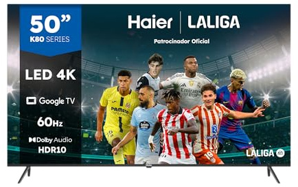 Haier Direct LED 4K UHD H50K800UX - Smart TV 50, Google TV, Dolby Audio y Dolby Vision, HDR 10, Smart Remote Control, Google Assistant, Bluetooth 5.1, DBX TV, HDMI 2.1 x 4, Sin Marcos, 2024