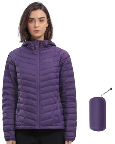 OutPro Chaqueta de plumón para mujer, ligera, plegable, chaqueta de entretiempo, cálida chaqueta de invierno con capucha, para mujer, forro polar cálido con bolsillos para ocio, senderismo, viajes,