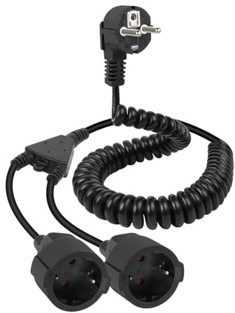 RIIEYOCA Schutzkontakt Spiralverlängerung mit 2 Fach Steckdosen, Doppelsteckdose Verlängerungskabel Spiralleitung, 16A / 250V 90 Grad Europäischem Standard eine zu Zwei Federkabel (1,7M)