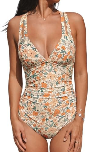 CUPSHE Damen Badeanzug V Ausschnitt Bauchweg Cutouts Doppelte Träger Überkreuzte Rückenbindung Einteilige Bademode Swimsuit Beige/Blumenmuster M