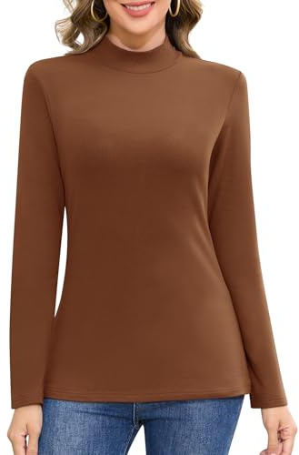 Jiuday T-shirt thermique à manches longues basique pour femme - Col montant - Haut thermique - Haut fonctionnel d'hiver - Pull en polaire - Élégant - Coupe ajustée - Intérieur en polaire, café, XL
