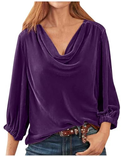 Haut en velours pour femme - Manches longues 3/4 - Col bénitier - Drapé froncé sur le devant - Manches longues - Haut plissé - Pull ample - Pour le travail, le bureau, le quotidien, A03-violet, XL