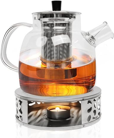 JOLIGAEA 1.5L Tetera de Cristal con Calentador de Vela, Tetera Cristal Transparente Calefactable con Filtro ExtraíBle de Acero Inoxidable, Apto para té Perfumado, té Verde, té Negro