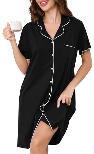 Vlazom Women Nighties Button Down Cotton Nightdress Boyfriend Style Sleepshirt Relaxed Nightshirt Hospital/Maternity/Nursing/Labour Nightgown with Pockets Black,XL