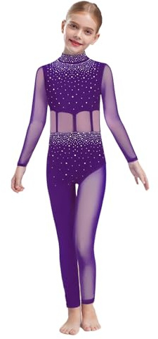 Agoky Tuta Intera da Pattinaggio Artistico Bambina Maniche Lunghe con Strass Body Danza Classica Balletto in Rete Trasparente Leotard da Ginnastica Yoga Jumpsuit A Viola 11-12 anni