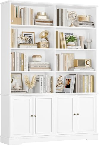 FirFurd 185cm Bücherregal mit Türen Bücherschrank mit 12 Fächern Vitrinenschrank aus Holz Hochschrank Regal mit Türen für Wohnzimmer Arbeitszimmer Büro Küche 185 x 27 x 120cm Weiß