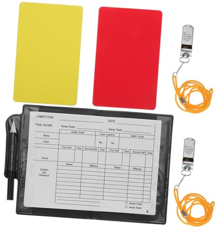 EXHUMKY Juego de Tarjetas de Árbitro Profesionales Fútbol con Silbatos Metálicos, Bolígrafo y Bloc de Notas, Set Portátil 6 Piezas para Árbitro de Fútbol en Partidos Deportivos
