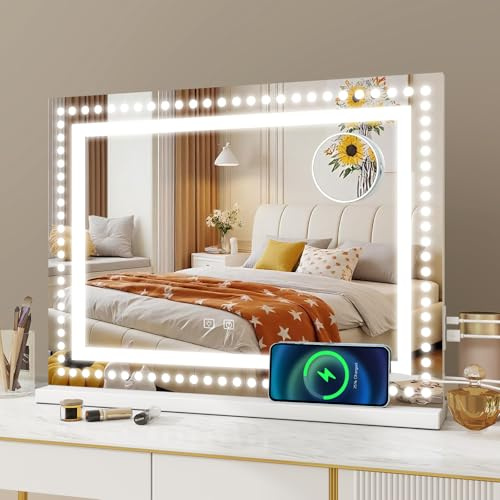 YU YUSING Specchio Trucco con Luci Hollywood 58x45cm, Specchio per Trucco con Striscia a LED e Striscia a Punti Piccoli, 3 Colori, Controllo Touch, Type-C e USB, 10x, da Tavolo, da Parete, Bianco