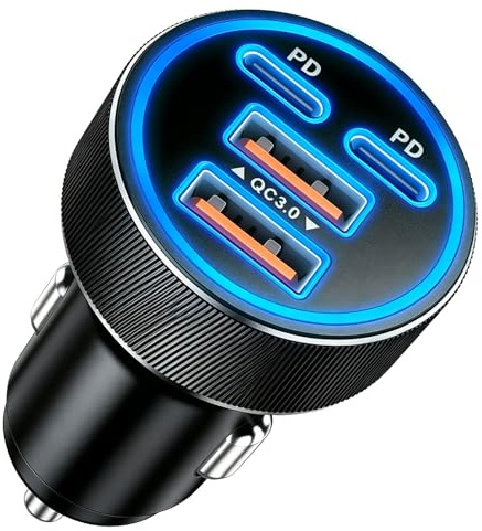 Auravale 90 W cigarettändare USB C, 4-port snabbladdning bil laddare | 12 V biladapter, dubbel 45 W USB-C och USB-A, PD QC billaddare biltillbehör för iPhone 17 16 15 Pro Max iPad Galaxy S25 S24