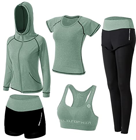 ZETIY Tute da Ginnastica Donna Set, 5 Pezzi Abbigliamento Sportivo Donna per Pilates Yoga Jogging Gym Workout Ginnastica Include Manica Lunga e Corta, Pantaloni, Reggiseno - Verde - L