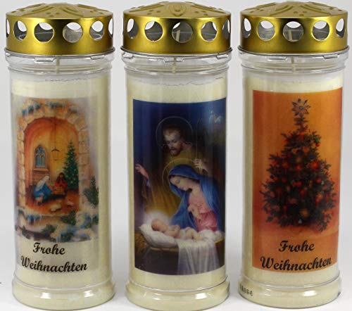 Kerzen Junglas - 3er Set Grabkerzen Weihnachten mit 7 Tagen Brenndauer, (3861), schöne Grablichter mit Spruch und Motiv, Grabkerzen mit Deckel, Grabschmuck wetterfest, Trauerkerzen mit Spruch