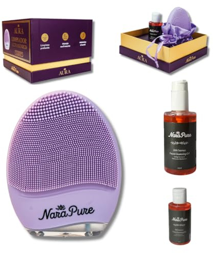 Narapure® Aura – Limpiador Facial Eléctrico de Silicona con 2 Geles Limpiadores - Cepillo de Limpieza Facial Recargable, Impermeable y Suave para Todo Tipo de Piel con Bolsa de Seda (Lavanda)