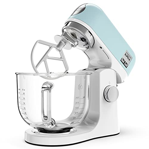 Kenwood KMX754APB - Miscelatore da cucina con frusta K, gancio per impastare e frusta, ciotola in vetro da 5 l, paraspruzzi rimovibile, 1000 W, blu pastello