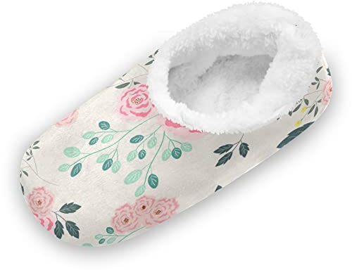Mnsruu Rosa Floral Flor Planta Zapatillas Casa Cálido Felpa Suave Pantuflas Mujer Hombre Invierno Cálidas Zapatos Antideslizante Algodón Slippers