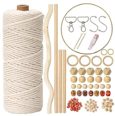 120 Makramee Set Anfänger mit Anleitung,Makramee Garn 3mmx100m,mit Schlüsselanhänger,100 Holzperlen,4 Holzstäbchen,6 Holzringe,Metallring,Geschenk-Taschen usw, Komplett DIY Set Erwachsene