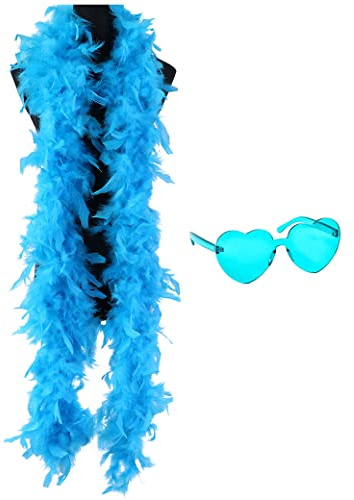 db11, Boa di piume colorate da donna lungo 2 metri, per balli, matrimoni, feste, cosplay, Halloween, con occhiali da sole con lenti a forma di cuore senza montatura (azzurro)