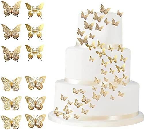 48 Pièces Gâteau Topper de Papillon, VEGCOO Cupcake de Papillon, Papillon Cake Topper, Papillon Décoration de Gâteau d'Anniversaire pour Fournitures de Fête d'Anniversaire Baby Shower Mariage (Or)