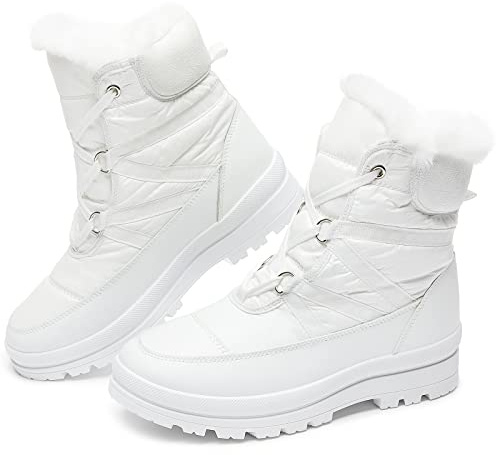 BABUDOG Womens Warm Fur Lined Mid-Calf Boots Waterproof Winter Snow Boots Non-slip Lace up Combat Boots(White.US11)
