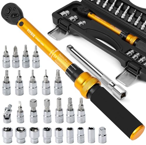 YIYEIE 27Tlg Drehmomentschlüssel Fahrrad & Motorrad, 1-25 NM, ±3% Toleranz, 1/4 Fahrrad Drehmomentschlüssel Set, 0,1NM Feinjust Drehmoment, 72 Zähne Ratsche Torque Wrench, Inkl. Sockets & Adapters