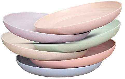 Zuvo Plastic Plates Reusable Set of 6 - Unbreakable Plastic Dinner Plates 10 Inches - Safe from Dishwasher & Microwave - Mix Colors, Pink, Yellow, Blue, Green