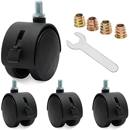 4 Pcs 2 Inch Nylon Caster Wheels with Brake, Black Swivel Castor Wheels with M7.5 Threaded Stem Nut and Spanner, Black