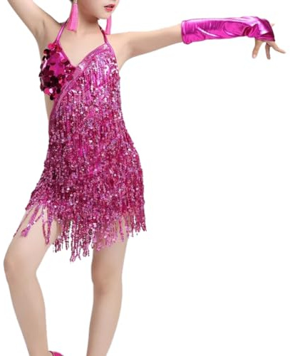 Liujiami Ragazze Paillettes Loop Nappe Abito da Ballo Latino Bambini Salsa Samba Rumba Tango Jazz Carnevale Performance Costume da Competizione, Rosa 130cm (Taglie più Piccole)