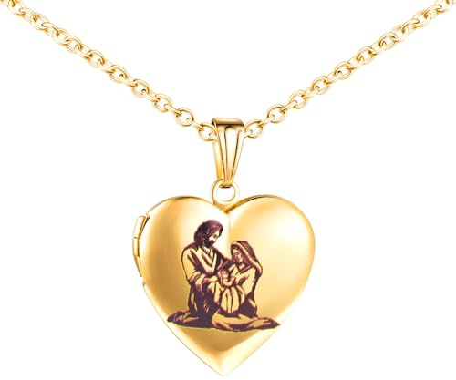 MICMIF Collana Famiglia Ciondolo Medaglione Cuore Personalizzato in Acciaio Inossidabile Per Mamma Donne e Ragazze, Religioso Sacra Famiglia Ciondolo con Portafoto Personalizzate Foto Locket