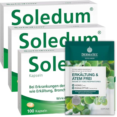 Soledum Kapseln | 3 x 100 Erkältungskapseln mit Cineol bei Erkrankungen der Atemwege wie Bronchitis, Sinusitis | inkl. 80g Dermasel Erkältungsbad im Sparset | 3er Pack
