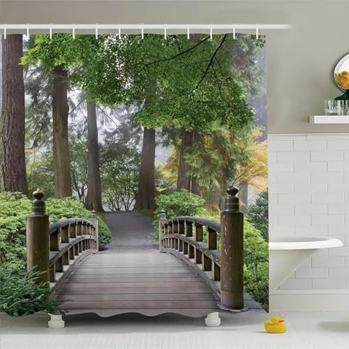FAIRYGATE Green Shower Curtain Shower Curtains Waterproof Bathroom Bathtub Anti-Mildew Polyester Fabric Bathroom Shower Curtain Garden Green Scenery Curtain With Hooks 180X180cm B8528