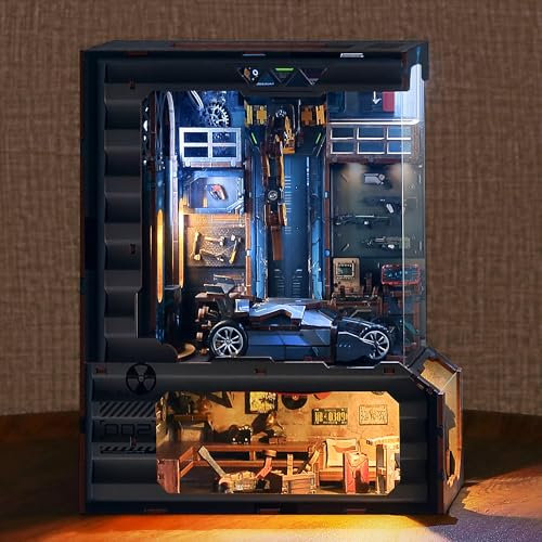 FUNPOLA Puzzle 3D en Bois Book Nook Kit, Maquette en Bois à Construire Atelier Automobile Miniature avec lumières LED, modèle de Garage mécanique pour Adultes (Atelier Automobile)