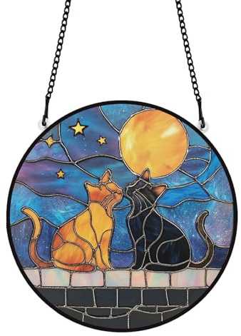 PLIGREAT Dessin animé Chat taché Suncatcher fenêtre Art Mural Suspendu Ornement Peint Ciel étoilé Acrylique capteur de lumière Art Crafts pour Jardin Maison intérieur extérieur Suspendu Decor