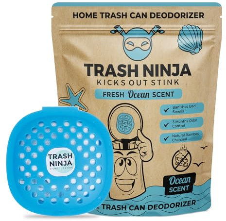 Trash Ninja Bin Freshener - Bin Odour Eliminator with Activated Charcoal, Reusable Bin Deodoriser and Freshener, Stick On Air Freshener for Bins, Bin Smell Eliminator with a Fresh Ocean Scent
