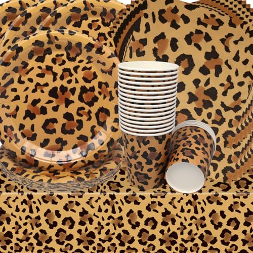 Doyomtoy Decorazioni Compleanno Ghepardo, Set da 61 Pezzi, Incl. 20 Tazze, 20 Piatti, 20 Tovaglioli e 1 Tovaglia, Tema Leopardato, Per 20 Ospiti, Marrone
