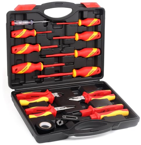 FOURROBBER 13 tlg VDE Schraubendreher Schraubenzieher Zange Set 1000V elektriker werkzeug Set mit Spannungsprüfer Schlitz Philips und Isoliertes Gummiband