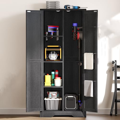 DWVO Wooden Storage Cabinet, Vacuum Cleaner Storage Compatible with Dyson Models, Utility Stand for Brooms and Mops, Cleaning Tool Cabinet with Doors for Garage