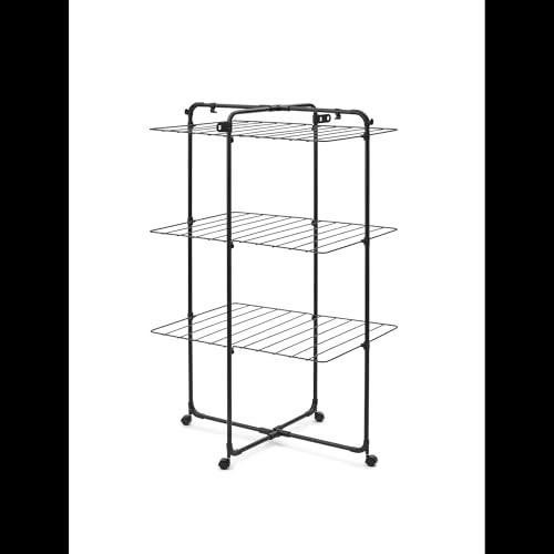 Étendoir à Linge Tour HangOn de Brabantia, 23 mètres (Noir Mat) – Séchoir à Linge Ajustable à Large capacité, Pliable et Compact – Étendoir en Tour avec Roues et Crochets pour ceintres