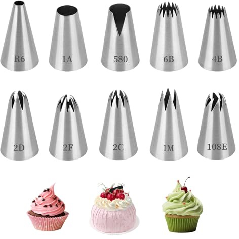 HAPPOW Juego de 10 boquillas de manga pastelera de acero inoxidable 304, modelos 1M/1A/2D/580/108E/2F/R6/6B/2C/4B, boquillas para manga pastelera, apto para pistolas de crema y mangas pasteleras