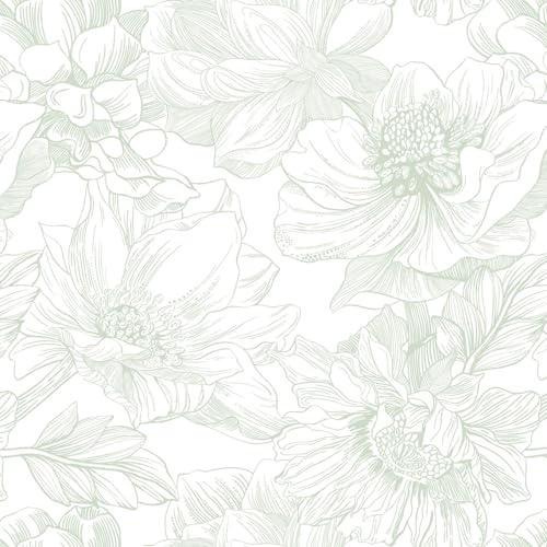 Ismoon Large Floral Peel and Stick Wallpaper Boho White and Green Contact Paper 17.3inx16.3ft Modern Wall Paper Removable Self Adhesive Vinyl Wallpaper for Bedroom Cabinet Bathroom Mural Wall Decor