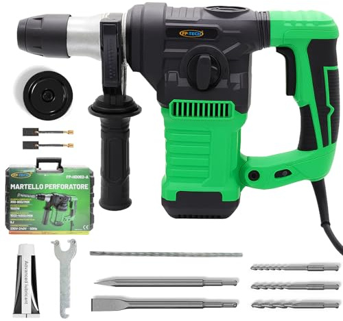 FP-TECH Martello Perforatore Demolitore 1500W 6J SDS Plus | 4 Funzioni, 6 Velocità Variabili, Anti-Vibrazione, Frizione di Sicurezza, Foratura e Scalpello con Valigetta