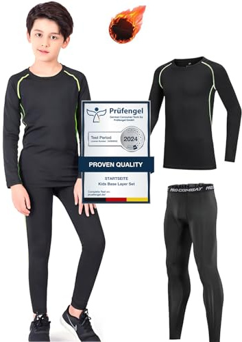 Maglia termica a maniche lunghe e leggings a compressione, per bambini, per sport, calcio, basket, sci, Verde, 15-17 Years / SIZE 34